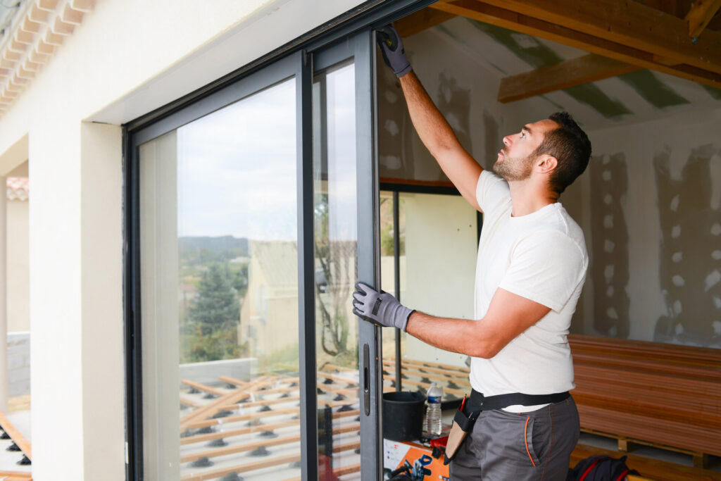 junger Mann beim Einbau eines Erkerfensters auf einer Baustelle für ein neues Haus