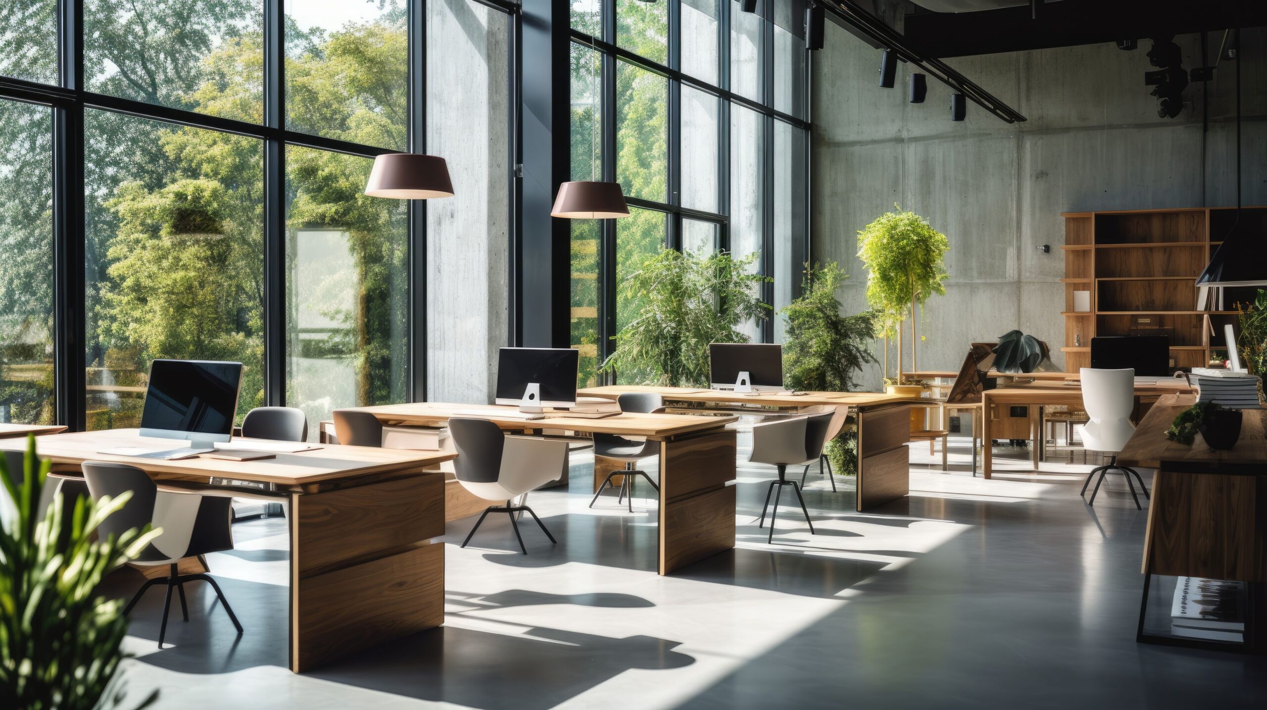 Betonwände, modernes Arbeitsbüro, Holzterrasse in einer sauberen und hellen Umgebung.