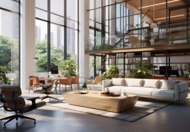 eine moderne Bürolounge mit modernen Möbeln, natürlichem Licht und einer entspannten Umgebung für die Zusammenarbeit