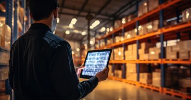 Mann inspiziert Lager mittels Tablet