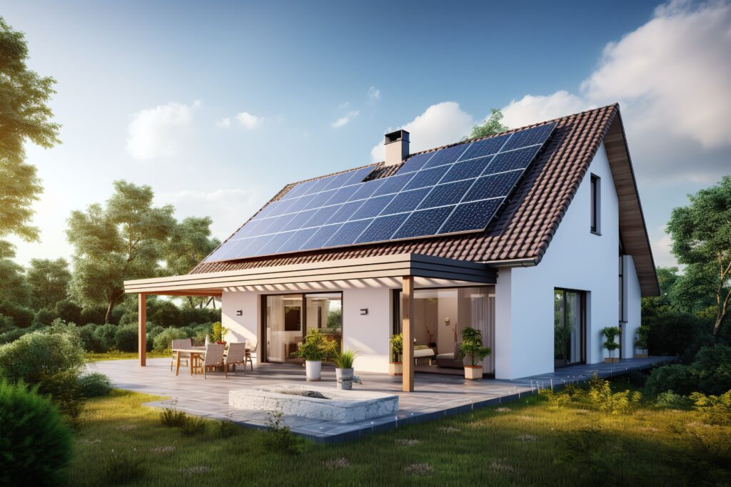 Nahaufnahme eines Gebäudes mit Sonnenkollektoren auf dem Dach. Nachhaltige und saubere Energie zu Hause