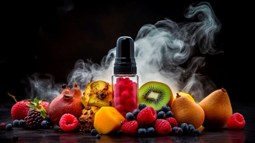Eine Flasche mit E-Liquid, umgeben von verschiedenen Früchten wie Beeren, Kiwi und Birne, die von Dampf umgeben sind. Das Bild illustriert die Vielfalt der Geschmacksrichtungen von Elfbar Pods und den fruchtigen Genuss, den sie bieten.
