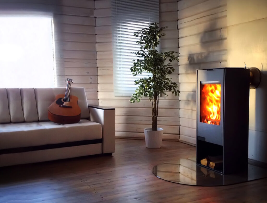Ein stilvoll eingerichtetes Wohnzimmer mit einem modernen Kaminofen, der eine klare Glasscheibe für die Kaminofen Tür hat. Auf dem weißen Sofa liegt eine Gitarre, und neben dem Ofen steht eine grüne Zimmerpflanze.