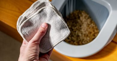 Hand hält waschbare Tücher vor einer geöffneten Trockentrenntoilette – nachhaltige und umweltfreundliche Hygiene.
