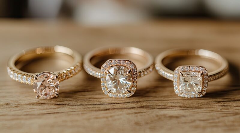 Drei edle Verlobungsringe aus Roségold mit funkelnden Diamanten
