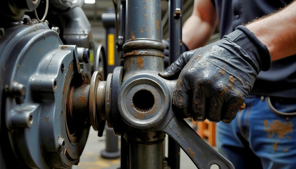 Mechaniker prüft Gasdruckdämpfer an Maschine