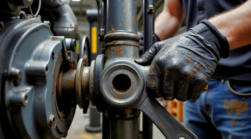 Mechaniker prüft Gasdruckdämpfer an Maschine