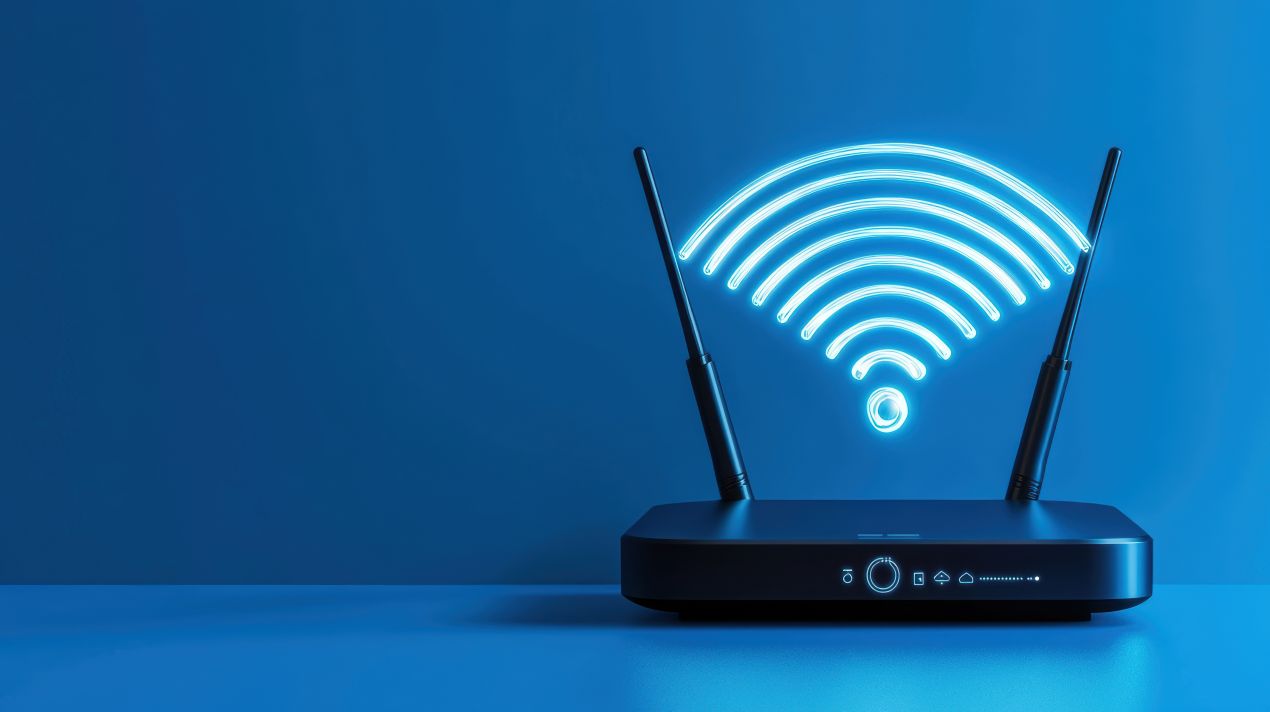 WLAN-Router mit leuchtendem Signal als Sinnbild für stabile Verbindung durch LWL Stecker