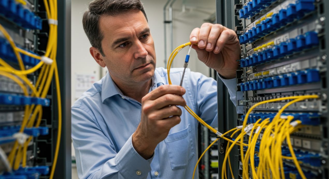 Techniker installiert gelbe Glasfaserkabel mit LWL Stecker an einem Netzwerkknoten im Serverraum