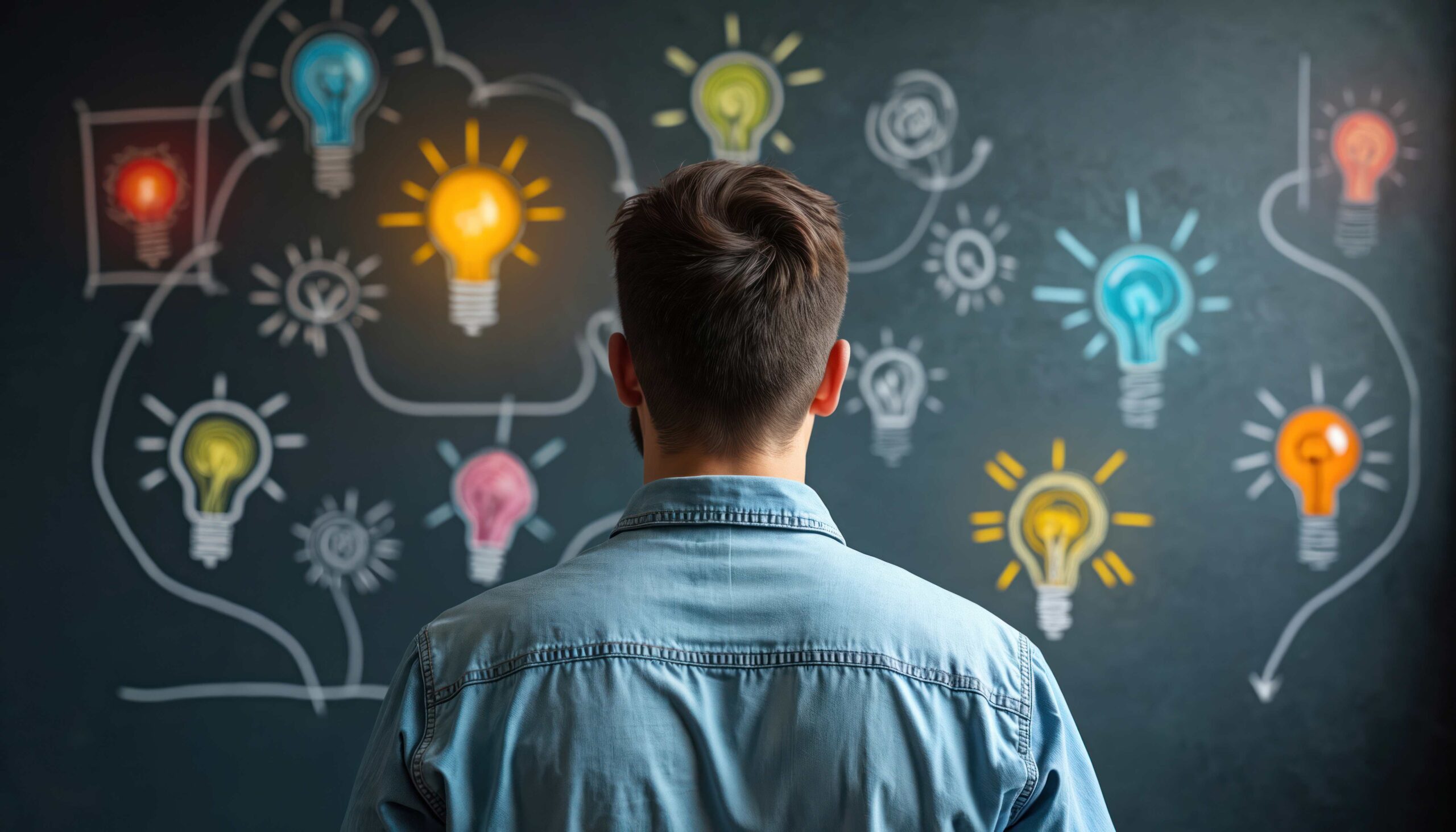 Rückansicht eines Mannes, der auf Glühbirnen an einer Tafel schaut. Konzept von kreativem Denken und innovativer Ideenfindung. Konzept des Brainstormings für Geschäftslösungen.