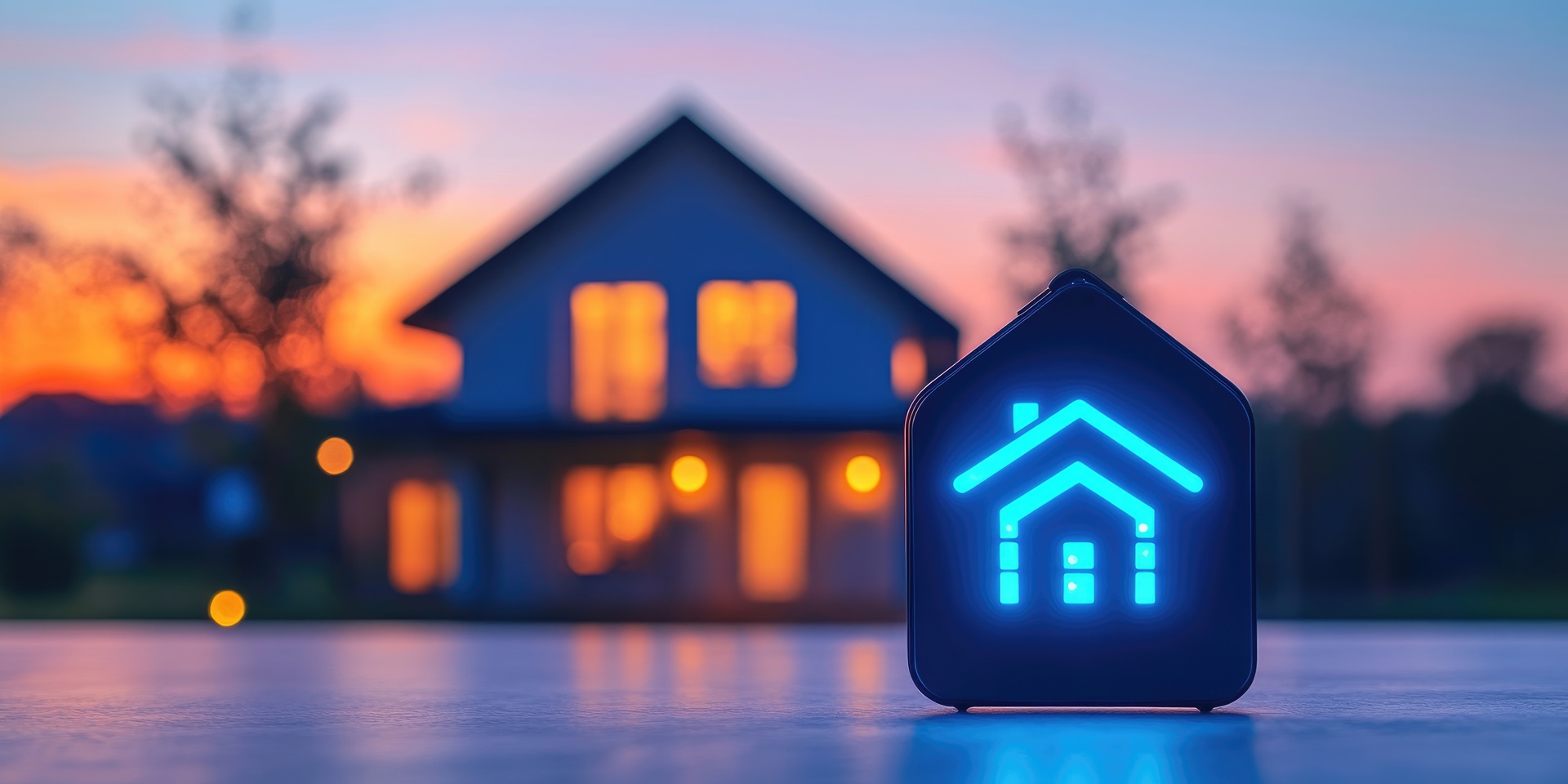 Leuchtendes Haus-Icon vor Hausumriss | Photovoltaik Neuss