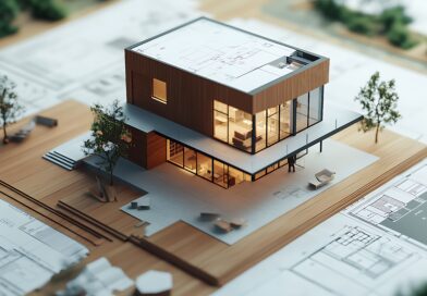 Architekturmodell eines modernen Hauses auf Bauplanskizzen Design und Maßstab Darstellung
