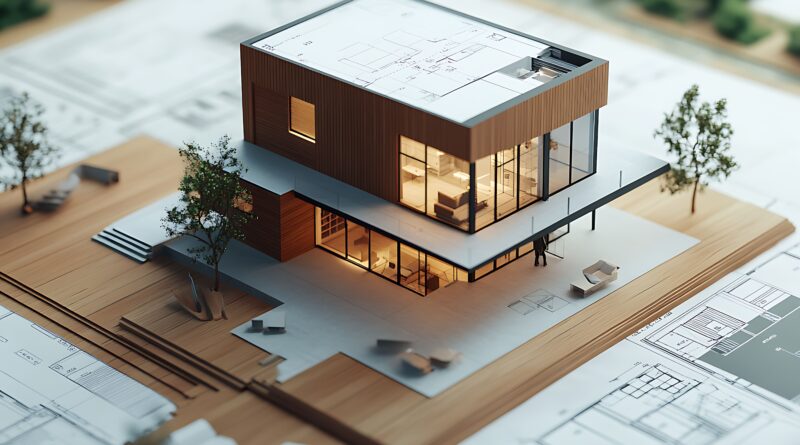 Architekturmodell eines modernen Hauses auf Bauplanskizzen Design und Maßstab Darstellung