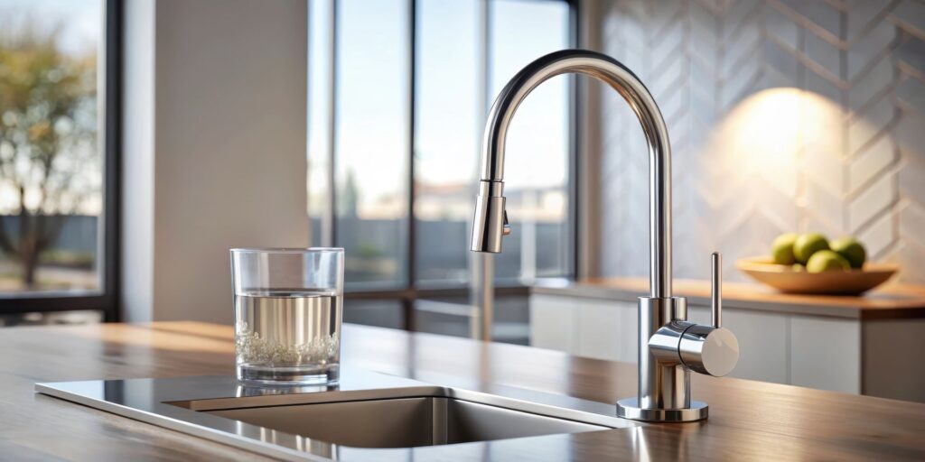 Ein Glas frisches Wasser steht neben einem eleganten Wasserhahn in einer hellen KĂŒche mit Wasserfilter