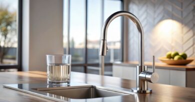 Ein Glas frisches Wasser steht neben einem eleganten Wasserhahn in einer hellen Küche mit Wasserfilter