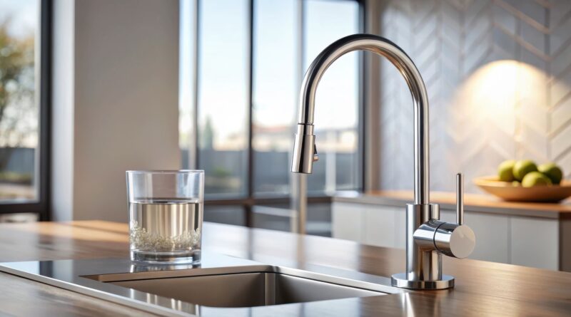 Ein Glas frisches Wasser steht neben einem eleganten Wasserhahn in einer hellen Küche mit Wasserfilter