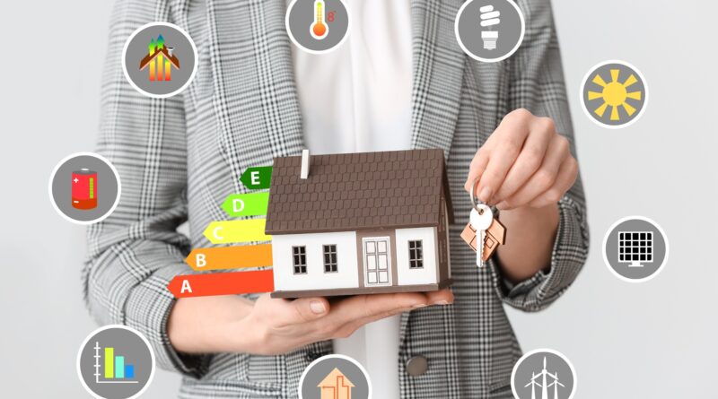Haus mit Energielabel und Effizienzsymbolen | Dachbegrünung