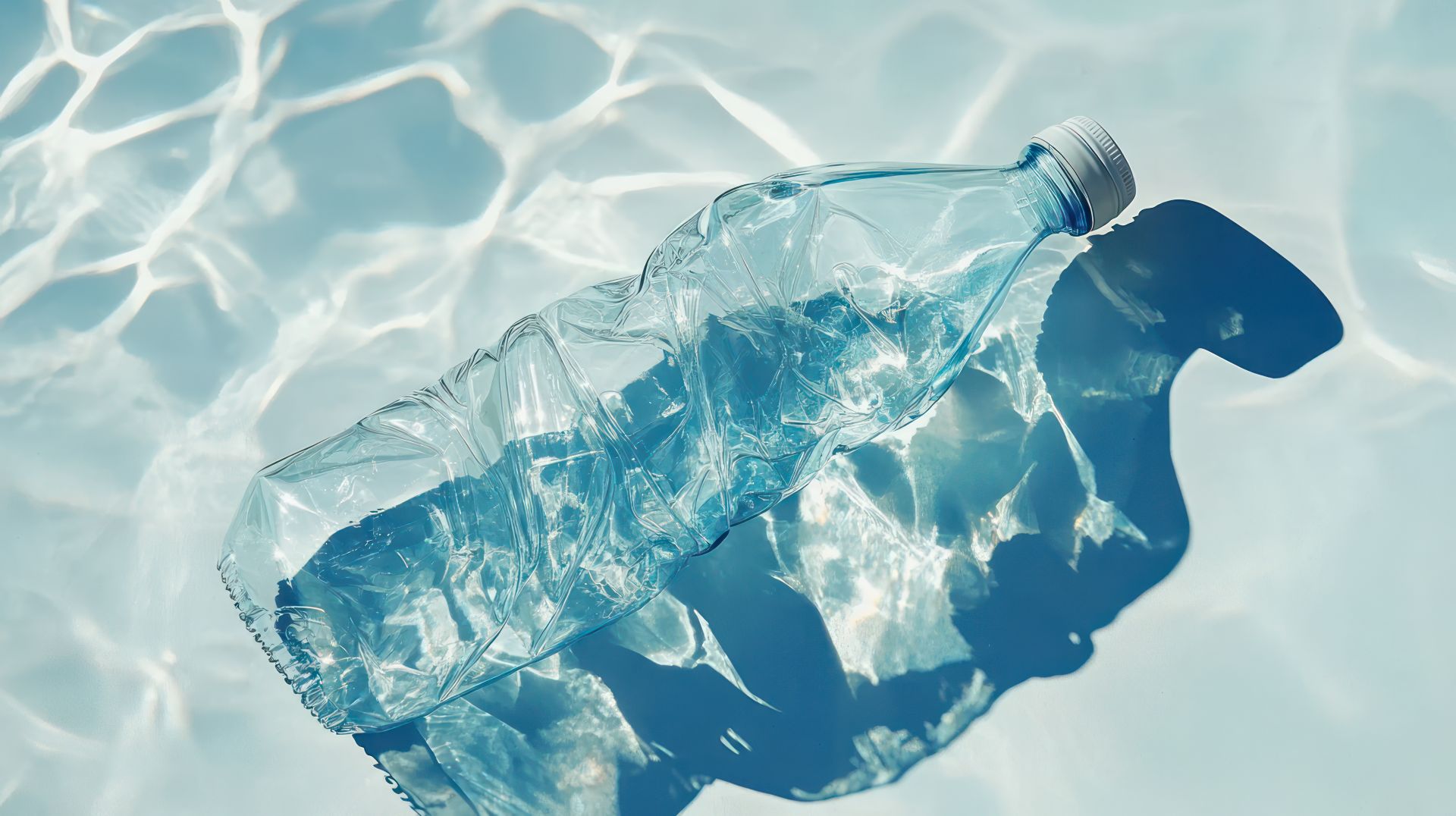 Zerdrückte Plastikflasche treibt auf Wasseroberfläche – verweist auf die ökologische Relevanz einer Wasserfilteranlage in der Küche