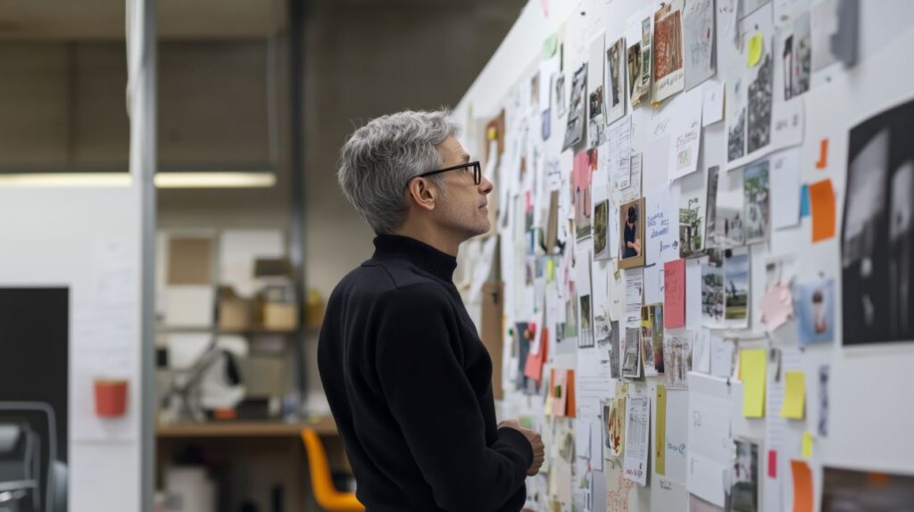 Mann analysiert Gestaltungsideen an einer Moodboard-Wand – strategische Entwicklung von Etiketten Designs und Markenbildern im Kreativstudio