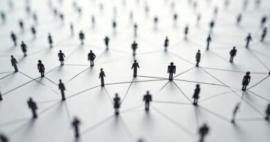 Abstrakte Darstellung von vernetzten Menschenfiguren, die durch Linien verbunden sind, als Symbol für Kommunikation und Zusammenarbeit.