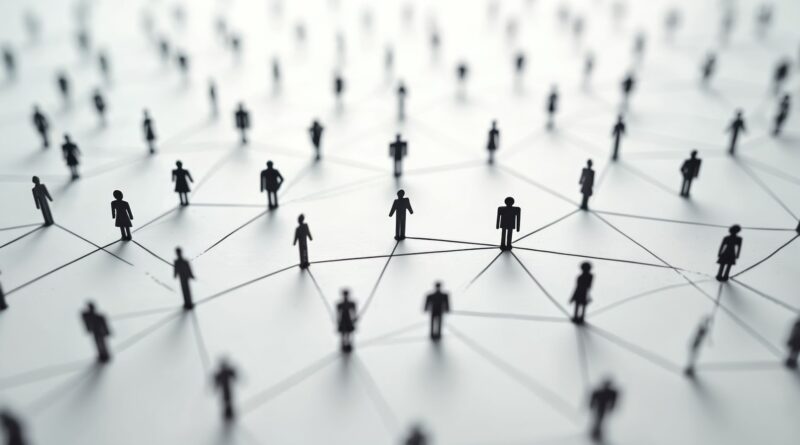 Abstrakte Darstellung von vernetzten Menschenfiguren, die durch Linien verbunden sind, als Symbol für Kommunikation und Zusammenarbeit.