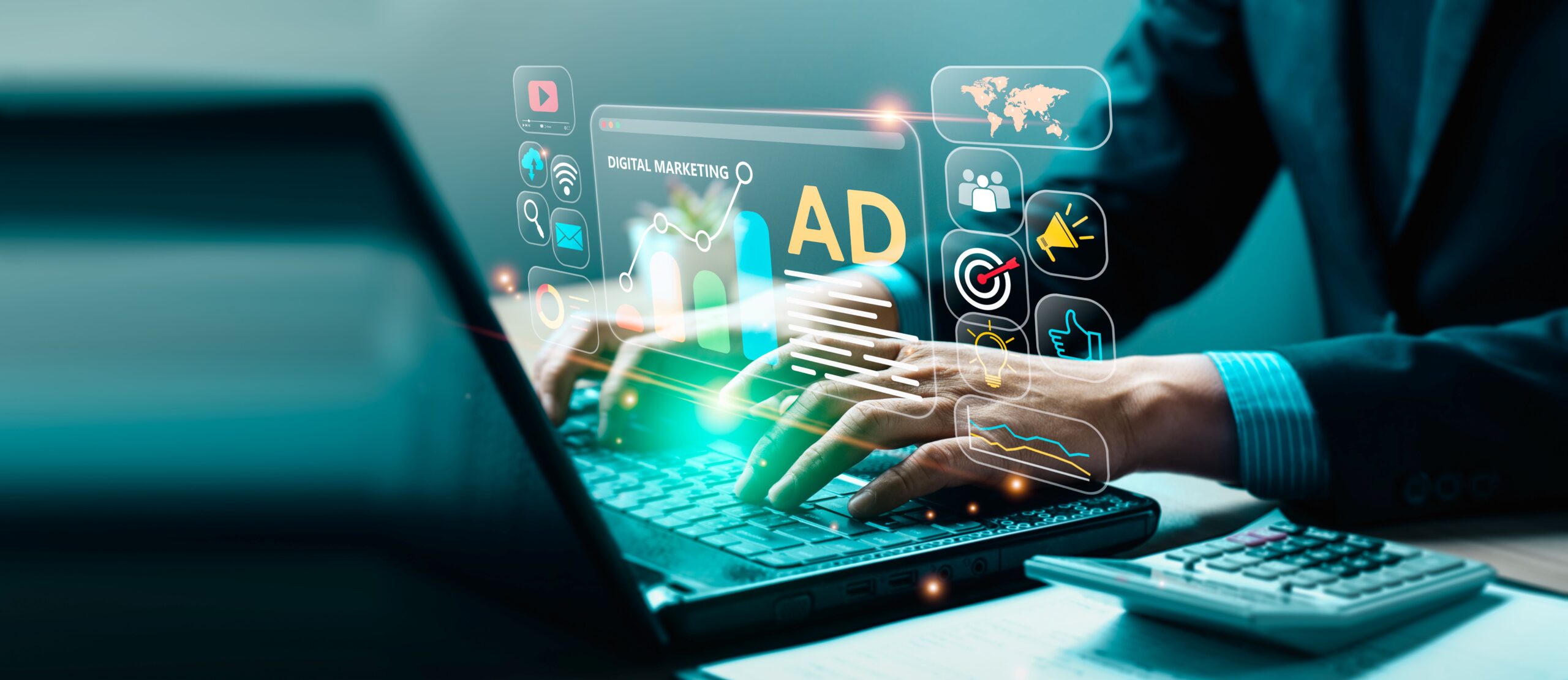 Digitales Marketing, Online-Verkaufskonzept, Werbung für Produkte oder Dienstleistungen über digitale Kanäle wie Suchmaschinen und soziale Medien.