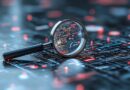 Vergrösserungsglas zeigt digitale Schaltplaene auf einer Datenoberflaeche, Symbol fuer Analyse im modernen Flottenmanagement
