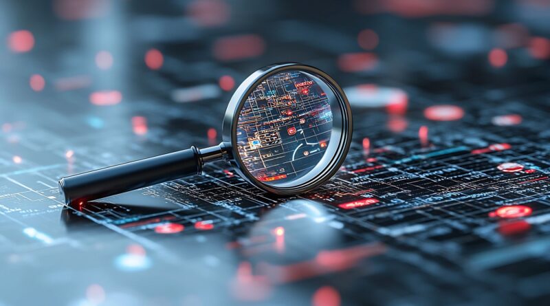 Vergrösserungsglas zeigt digitale Schaltplaene auf einer Datenoberflaeche, Symbol fuer Analyse im modernen Flottenmanagement