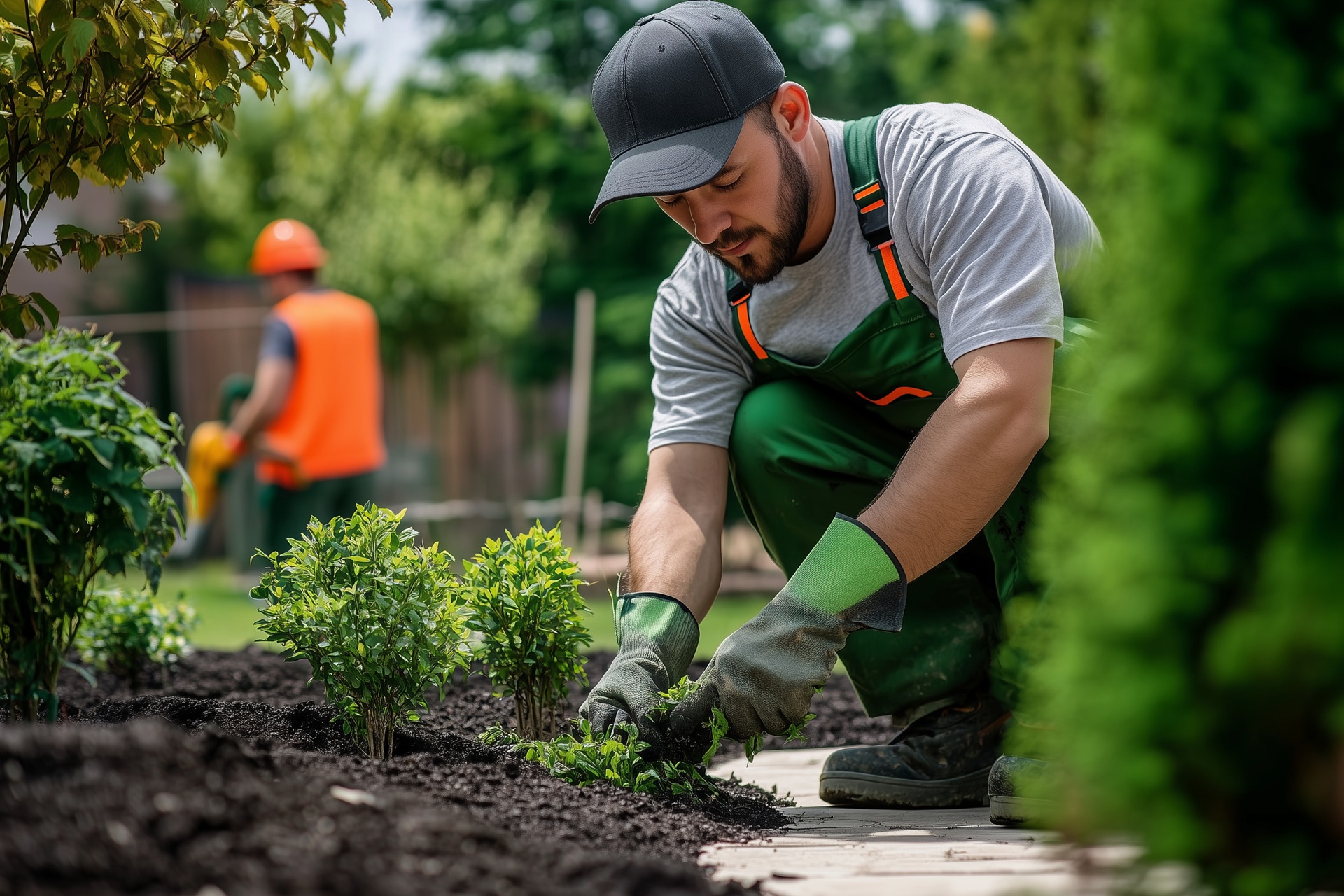 Gärtner pflanzt junge Sträucher im Garten | Jobs im Grünen
