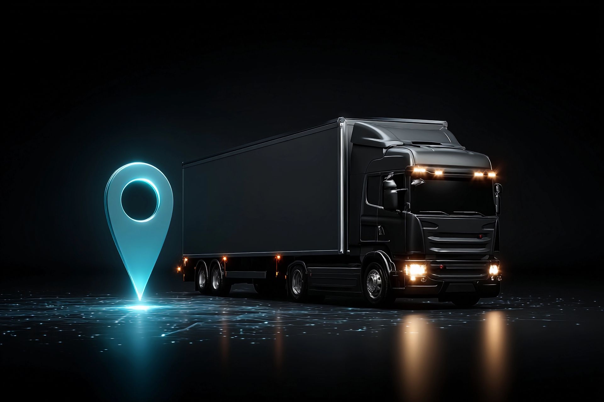 Schwarzer LKW neben digitalem Standort Pin auf dunklem Hintergrund, Symbol fuer GPS Tracking im Flottenmanagement
