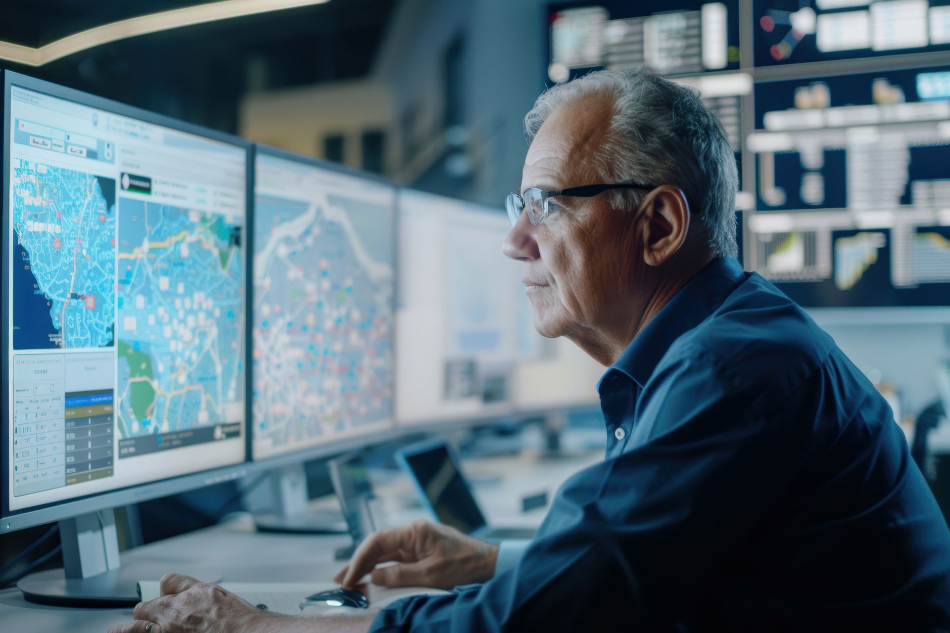 Aelterer Mann blickt auf mehrere Monitore mit digitalen Karten und Daten, Steuerung und Ueberwachung im Flottenmanagement