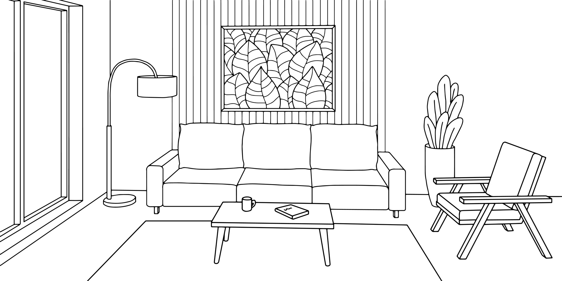 Skizzierte Wohnzimmer-Einrichtung mit Sofa und Dekoration | Bettbank