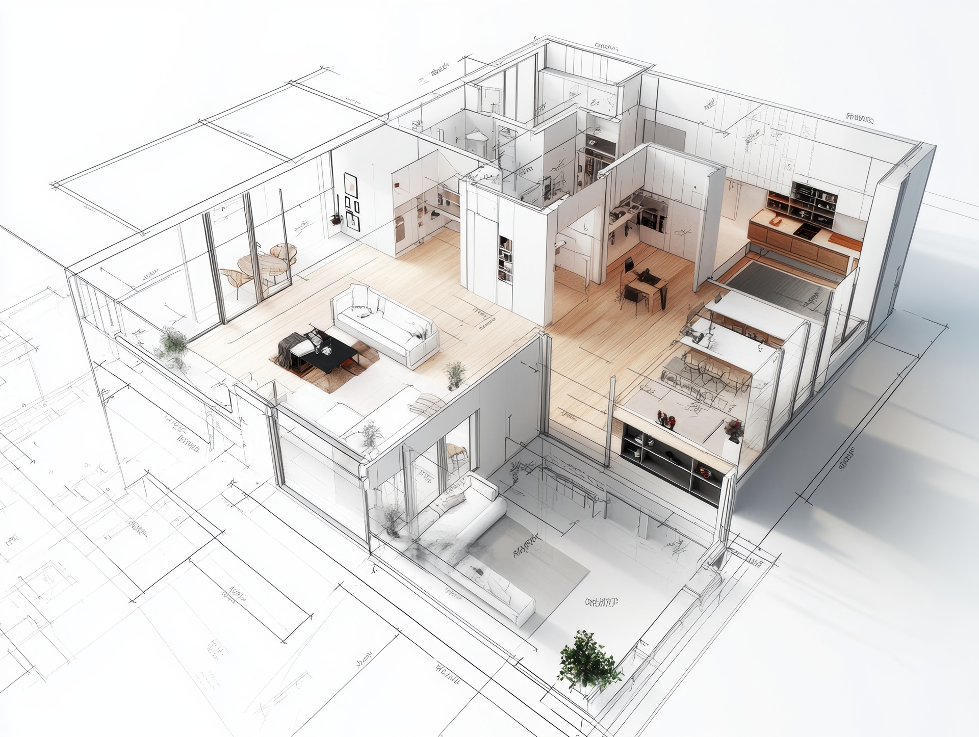 3D-Grundriss mit moderner Raumaufteilung und Möblierung | Bettbank