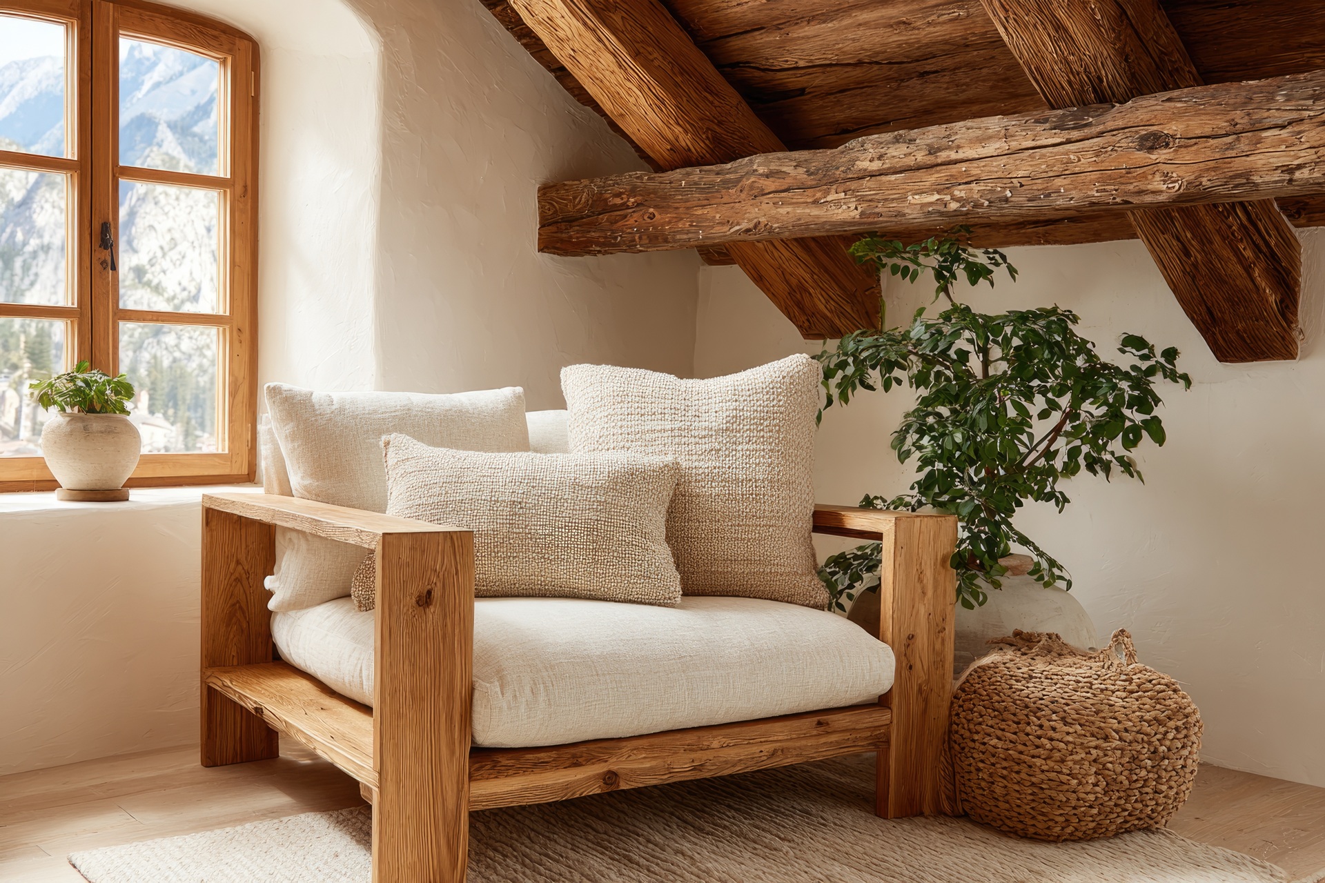 Gemütlicher Sessel im Raum mit Holzbalken | Akustikpaneel Eiche