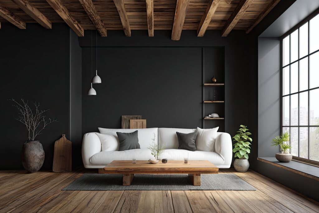 Modernes Wohnzimmer mit Holzbalken und Designsofa | Akustikpaneel Eiche