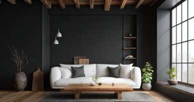 Modernes Wohnzimmer mit Holzbalken und Designsofa | Akustikpaneel Eiche