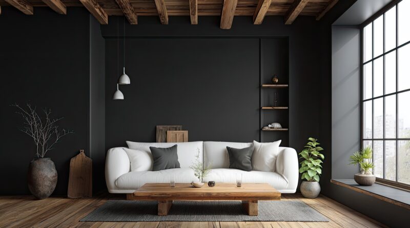 Modernes Wohnzimmer mit Holzbalken und Designsofa | Akustikpaneel Eiche